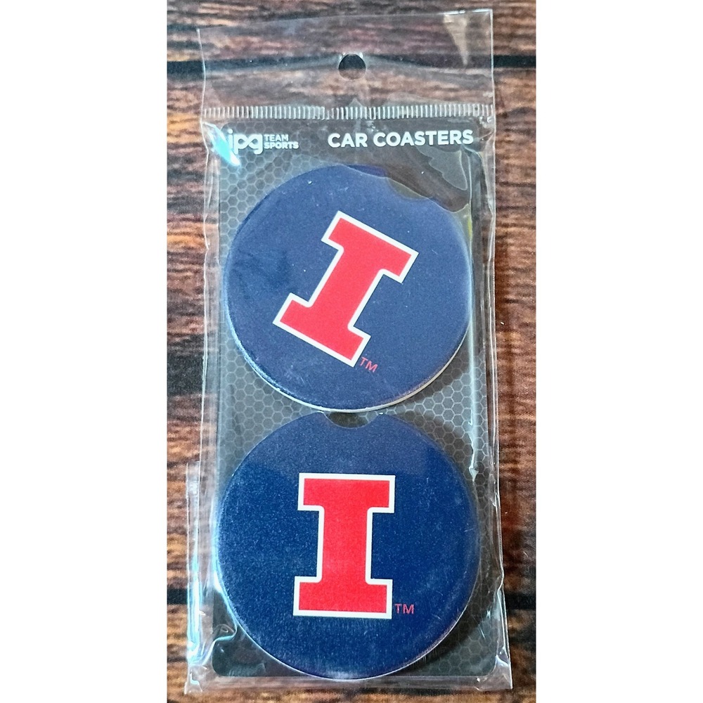 Illinois Fighting Illini Car Coasters Set of 2 Navy Blue NCAA IPG 107671 New